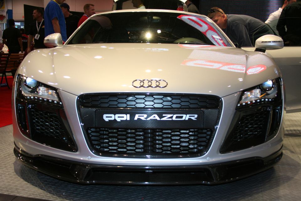 Silver Audi R8 PPI Razor front view with carbon fiber accents