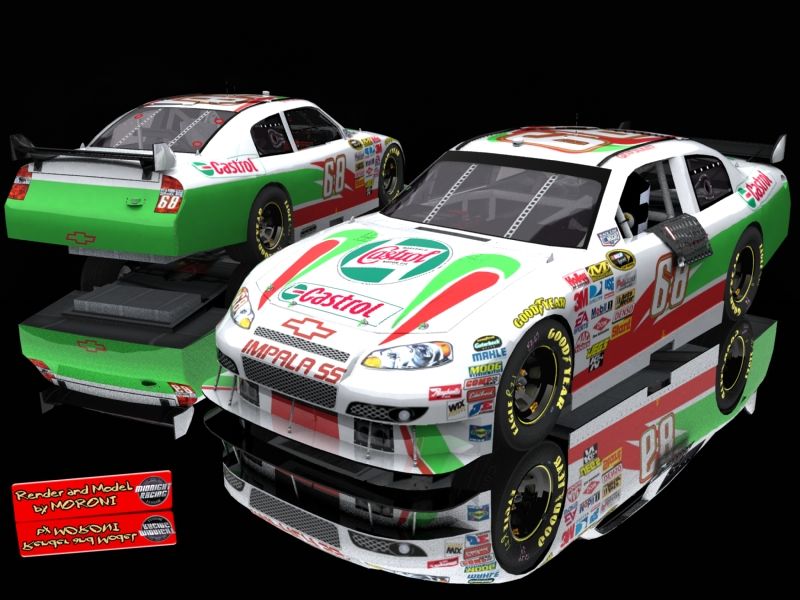 Two white, green, and red race cars with Castrol sponsorship, one in front of the other