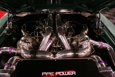 Engine bay with polished twin turbochargers and purple accents, showing 'PPE POWER' text