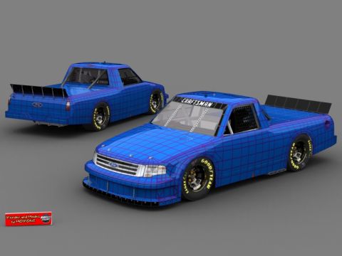 2004 Jeep Wrangler - A blue racing truck, rendered with a wireframe overlay, is shown from the front three-quarter perspective. Another truck is visible in the…