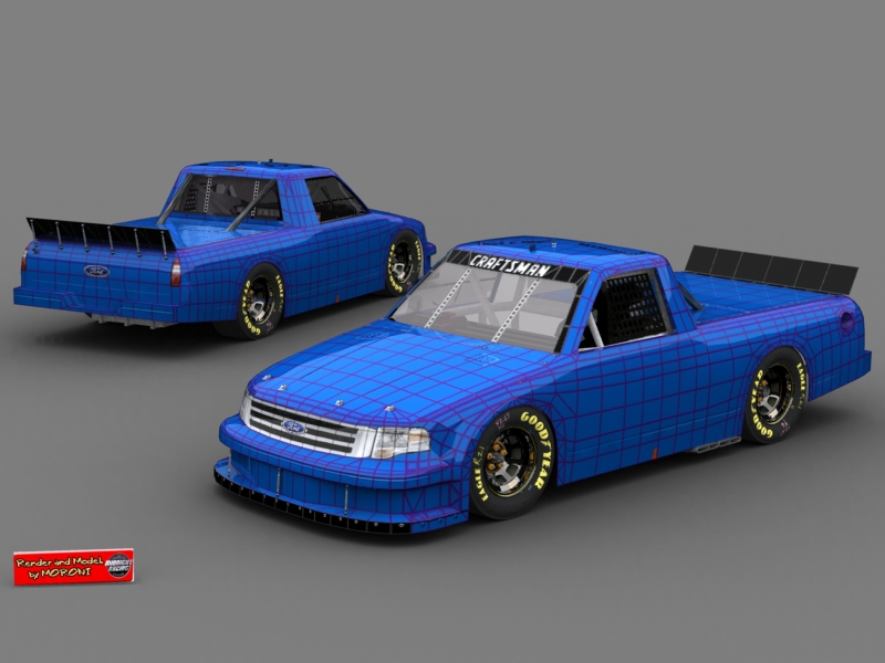 Blue racing truck with wireframe overlay, front 3/4 view. Craftsman logo visible