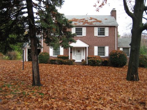 1996 Ford Bronco - A two-story brick house stands on a property blanketed in fallen autumn leaves.