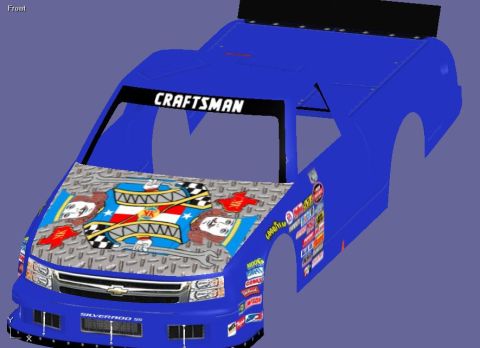 2004 Jeep Wrangler - A blue Silverado SS race truck body is shown with various sponsor decals and a king graphic on the hood.