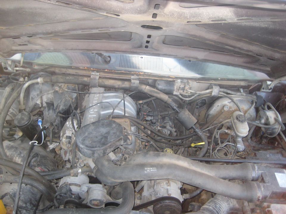 Engine bay with hoses, wires, and engine components visible
