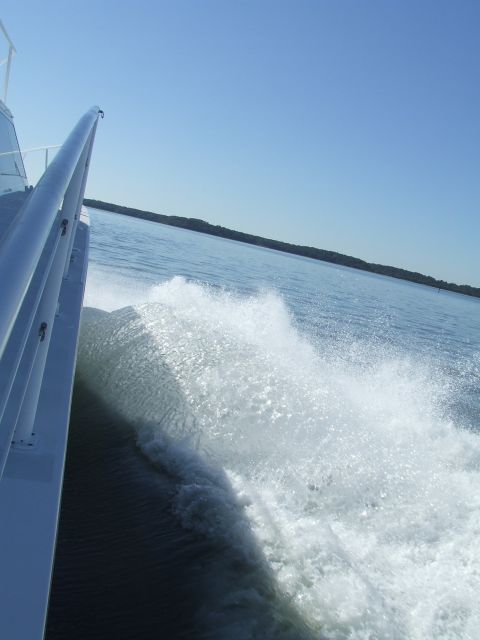 1976 Ford F-150 - A boat creates a large wake as it moves through the water on a clear day.