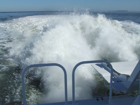 1976 Ford F-150 - The churning water behind a boat creates a large wake under a clear blue sky.