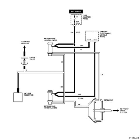 2007 Ford Mustang - Electrical wiring diagram showing 4WD and 2WD vacuum hub solenoids, fuse junction panel, GEM module, and actuator with color-coded circuits.