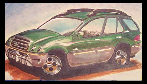 1966 Ford Five Hundred - The Ford Exodus SUV concept sketch. Airbrush, marker, ballpoint pen, pastel, white-out pen, colored pencils, paint markers.