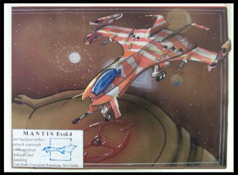 1966 Ford Five Hundred - The Mantis Evolution IV ground attack craft. Airbrush, marker, pastel.