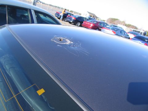 2001 Ford Crown Victoria - A bullet hole is visible on the roof of a dark gray car, with other vehicles in the background.