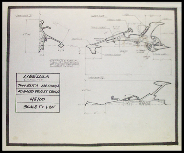Hand-drawn Libelula dragonfly vehicle design blueprint dated 6-5-00