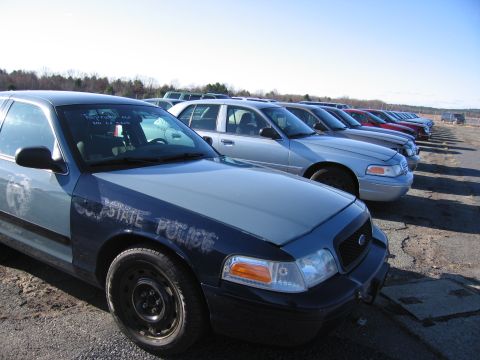 2001 Ford Crown Victoria - A line of police cars, including a 2001 Ford Crown Victoria, parked in a lot under a clear sky.