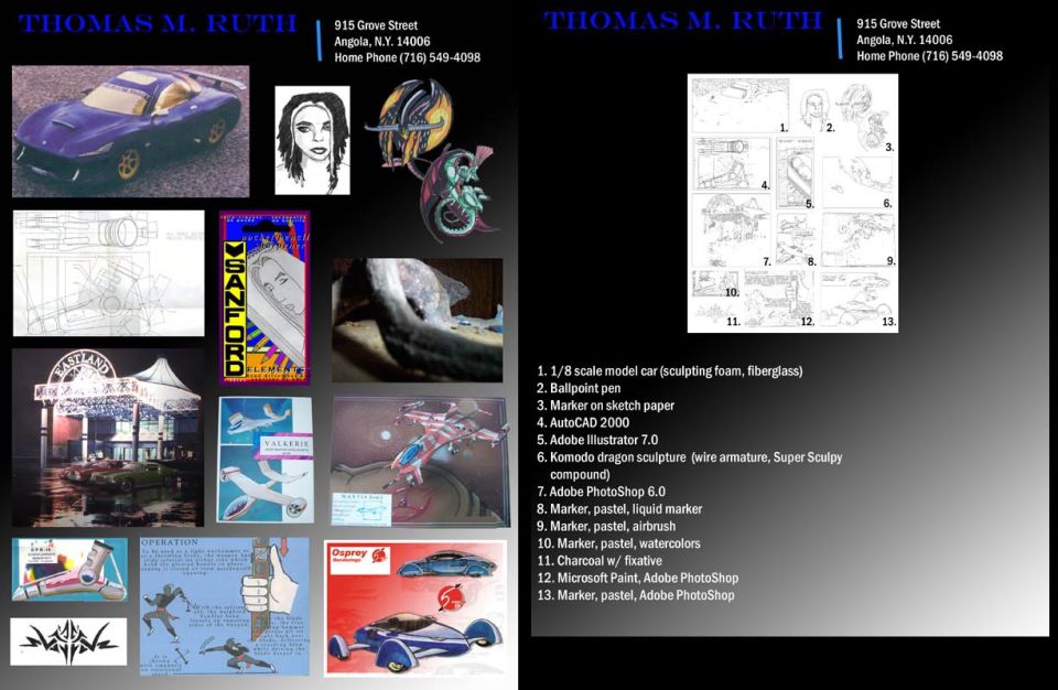 Cover sheet with various pieces of work. Sheet on the left contains photos while sheet on the right contains descriptors. Various elements.