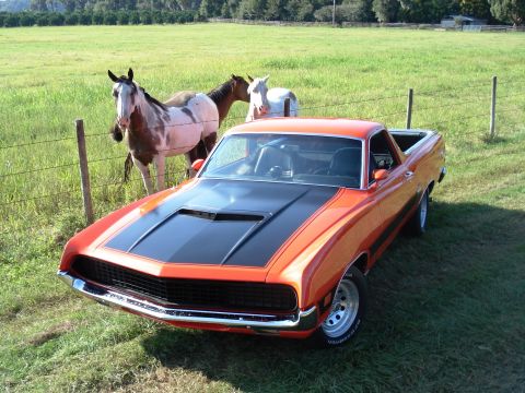 1970 Ford Ranchero - A 1970 Ford Ranchero sits in a field with horses grazing behind a fence.