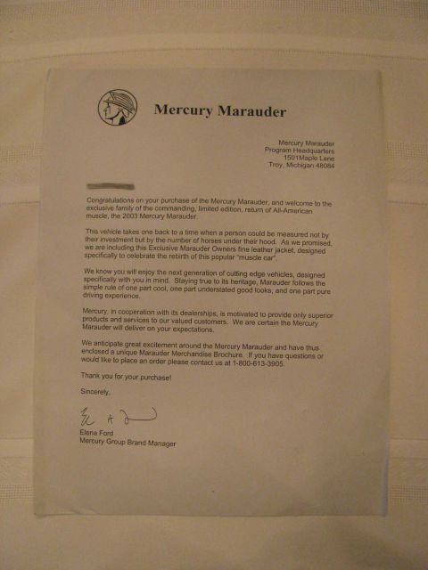 2003 Mercury Marauder - Letter given to new owners of a 2003 Marauder.