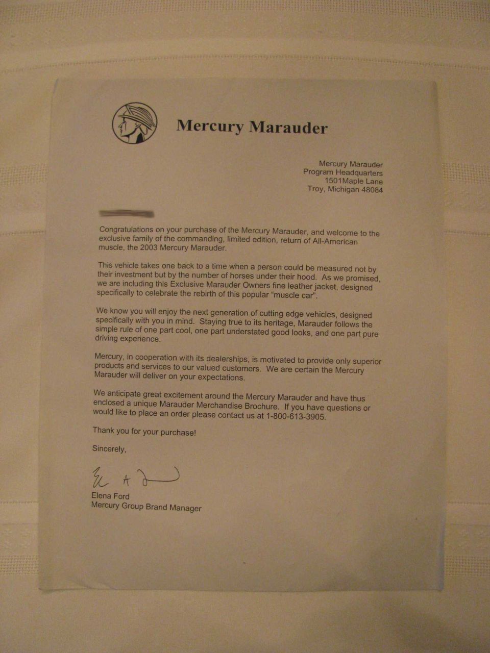 Letter given to new owners of a 2003 Marauder.