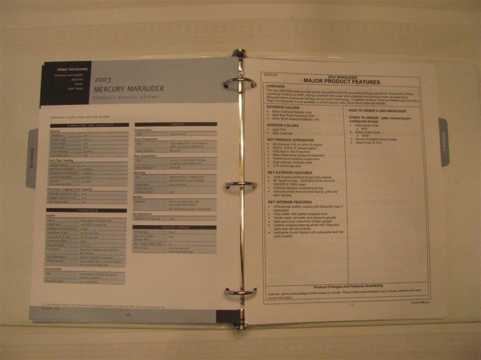 2003 Mercury Marauder product specifications and major product features pages