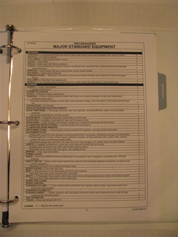 Very rare 2003 Order Guide for the Mercury Marauder.  

This is what the Inventory Manager uses to order the vehicles with.  These guides include the Standard Equipment along with the Options available and the codes for them.  

They also show the paint combinations available and the paint and interior codes.  This guide consist of 7 printed pages.