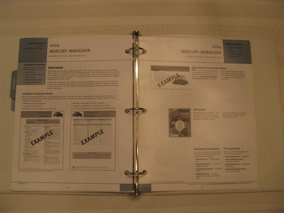 2004 Mercury Marauder competitive resources binder open to overview and comparison sheet pages