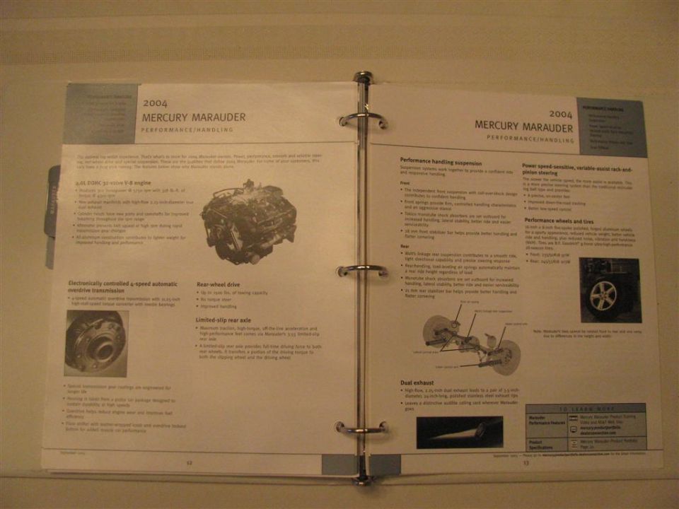 2004 Mercury Marauder dealer book pages on performance and handling