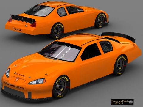 2004 Jeep Wrangler - Two orange Pontiac Grand Prix race cars are shown from different angles against a neutral background.