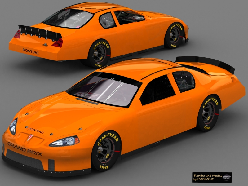 Orange Pontiac Grand Prix race car with Goodyear Eagle tires, front view