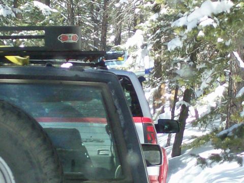 1979 Ford Bronco - Several vehicles are parked in a snowy forest, with the rear of a black SUV and its roof rack prominent in the foreground.