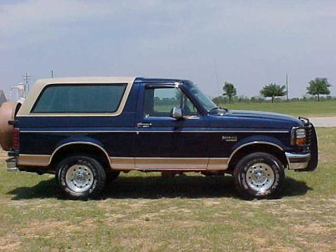 1995 Ford Bronco - Side view of a 1995 Ford Bronco with two-tone paint and a spare tire mounted externally.