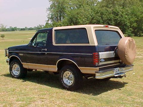 1995 Ford Bronco - This Ford Bronco has a two-tone paint scheme with a dark blue body and tan accents.