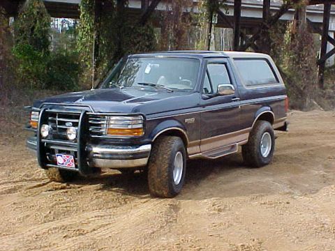 1995 Ford Bronco - This 1995 Ford Bronco features a prominent brush guard and is seen in a three-quarter front view on a dirt surface.