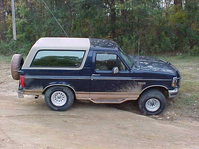 Side view of dark blue two-tone Ford Bronco SUV with tan hardtop and rear spare tire on a dirt lot