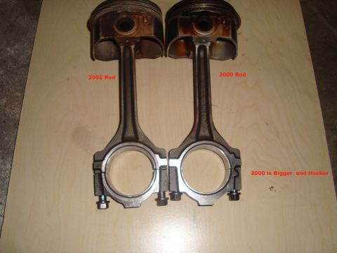 2007 Ford Mustang - Comparison of two engine connecting rods and pistons, with labels indicating different model years and a note on size difference.