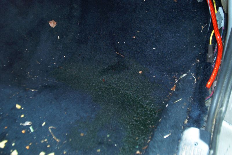 Wet stained dark carpet in car interior with debris; red wire along sill at right