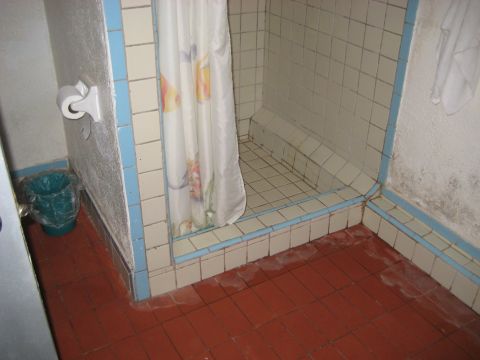 1996 Ford Bronco - A bathroom scene a shower stall with a fish-patterned curtain and red tile flooring.