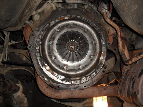 1988 Ford Bronco - the clutch, pilot bearing, dust sheild, and exhaust back on after replacing the oilpan and rear main