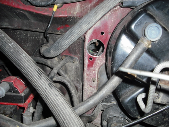 Close-up of an engine bay area with vacuum hoses, distributor and red firewall