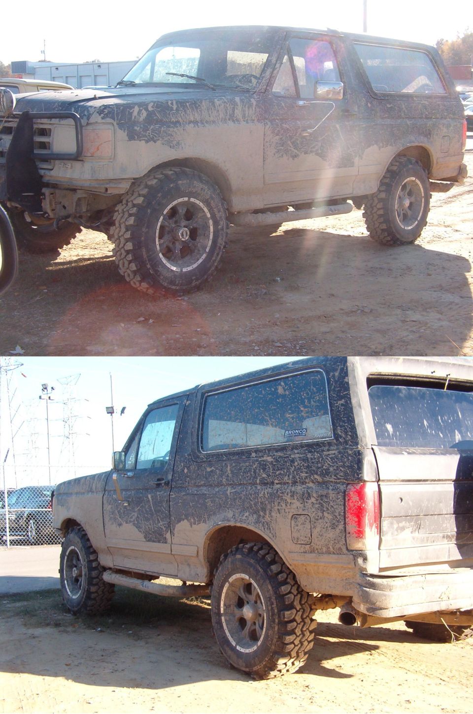 Muddy dark Ford Bronco SUV, lifted on off-road tires, front and rear views on a dirt lot