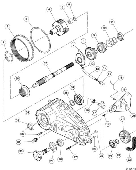 2007 Ford Mustang - Exploded parts breakdown of a transfer case assembly with planetary gearset, mainshaft, drive chain, and housing numbered 1 through 38.