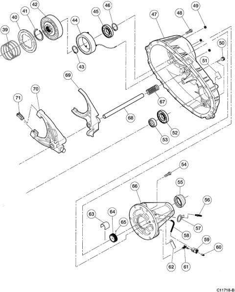 2007 Ford Mustang - Exploded parts breakdown of a transfer case showing shift forks, shift rail, output shaft, and rear housing numbered 39 through 71.