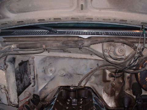 1983 Ford Bronco - Close-up view of a vehicle's engine bay, showing various hoses and electrical wiring.
