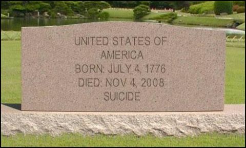 2003 Ford Crown Victoria - A headstone in a park displays the inscription 'UNITED STATES OF AMERICA BORN: JULY 4, 1776 DIED: NOV 4, 2008 SUICIDE'.
