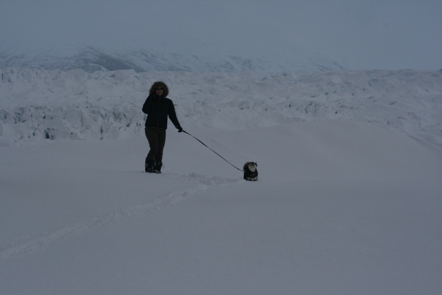 Woman walking dog on leash in snowy landscape with glacier in background
