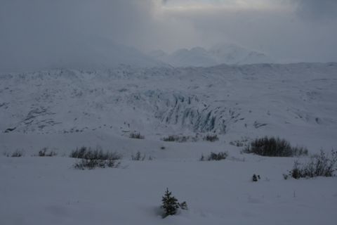 1990 Chevrolet Suburban - A vast glacier stretches across the horizon under a cloudy sky, with snow-covered ground and a few bushes in the foreground.