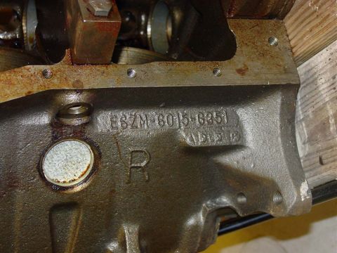1971 Ford Mustang - This is a close-up view of an engine block casting, showing stamped part numbers.