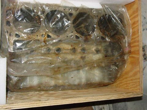 1971 Ford Mustang - Engine block in plastic wrap, stored in a wooden crate.