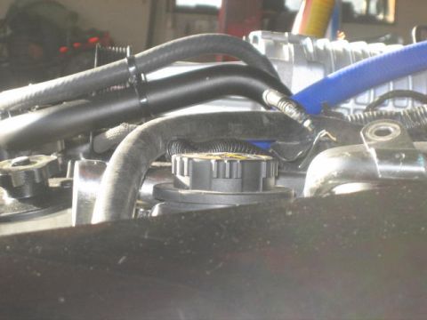 1996 Ford Thunderbird - Close-up view of an engine bay a supercharger and various hoses, with a visible yellow cap.