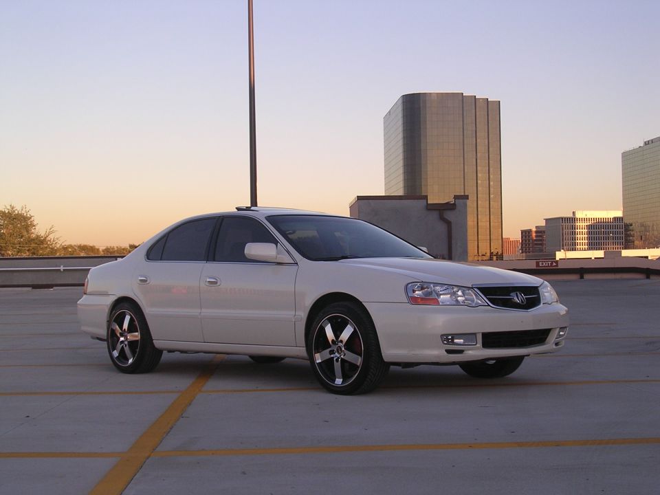 White 2003 Acura TL 3q-front view with aftermarket wheels