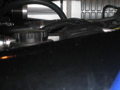 1996 Ford Thunderbird - Close-up view of engine components, including hoses and a ribbed metal part.