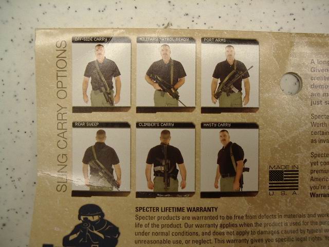 Product packaging showing six photos of men demonstrating different firearm sling carry positions, with text labels for each