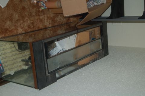 1991 Ford Probe - An aquarium sits on a carpeted floor, with various boxes and items stored inside its glass enclosure.